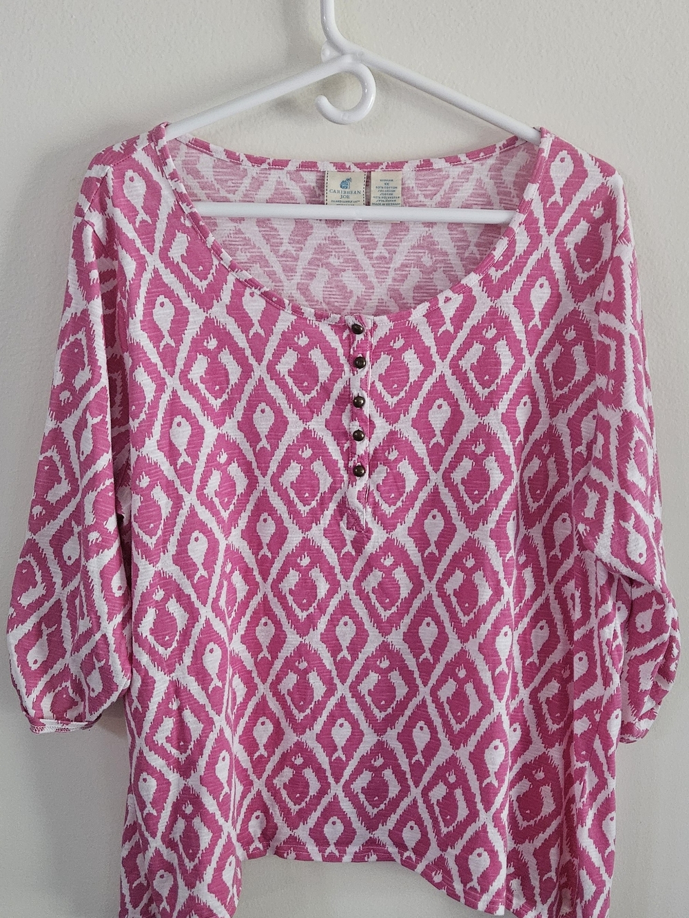 Caribbean Joe Pink and White Diamond Henley Tunic